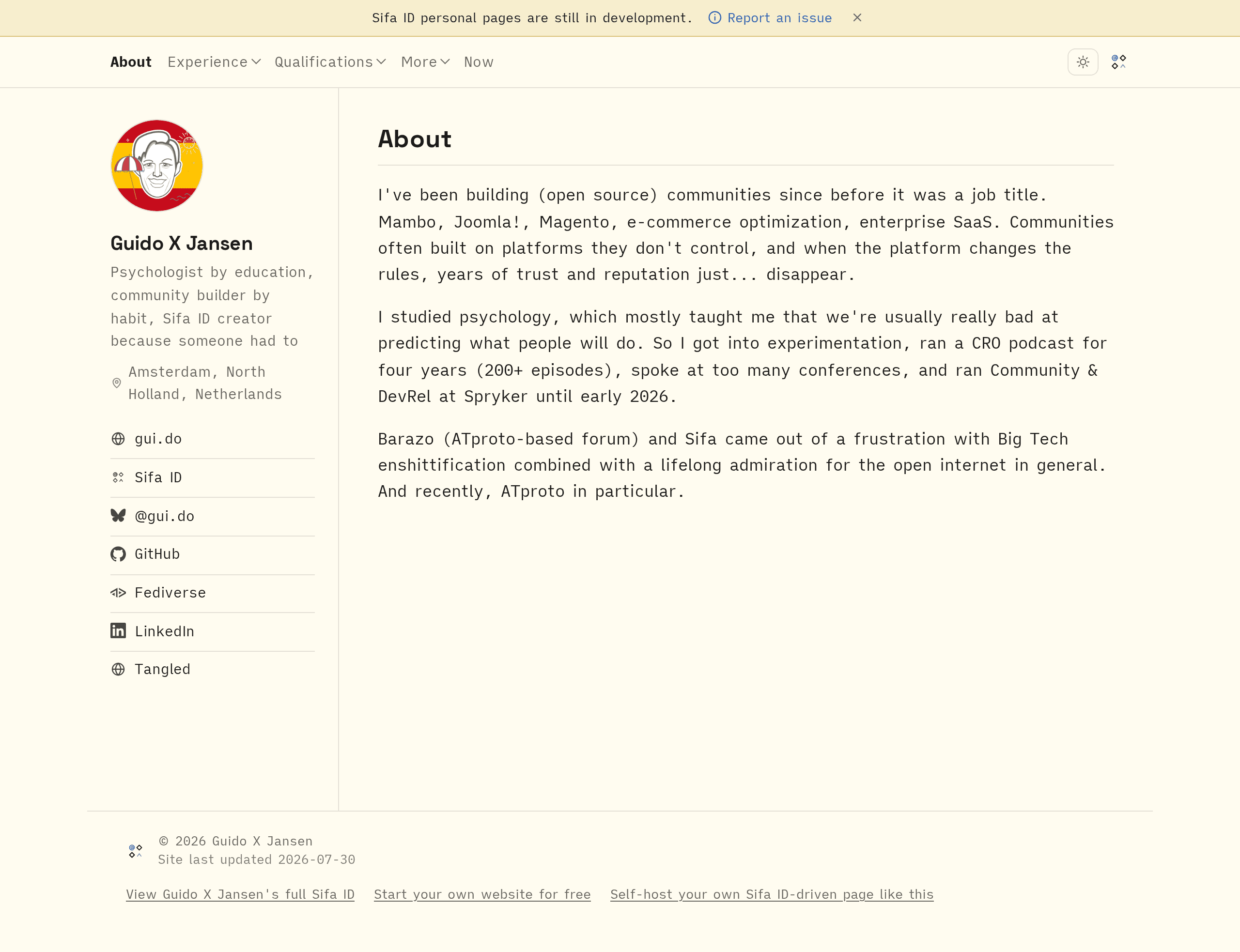 Light-mode view of a personal site at page.sifa.id, with a masthead, a sidebar of identity links, the author's name and bio, and a short list of positions and publications.