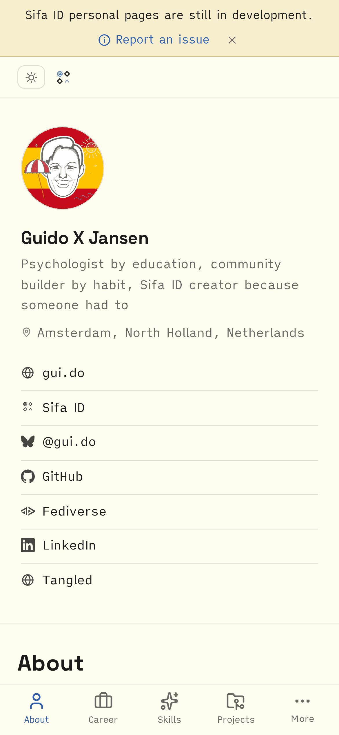 Mobile view of the same personal site: the masthead and sidebar collapse into a single narrow column.